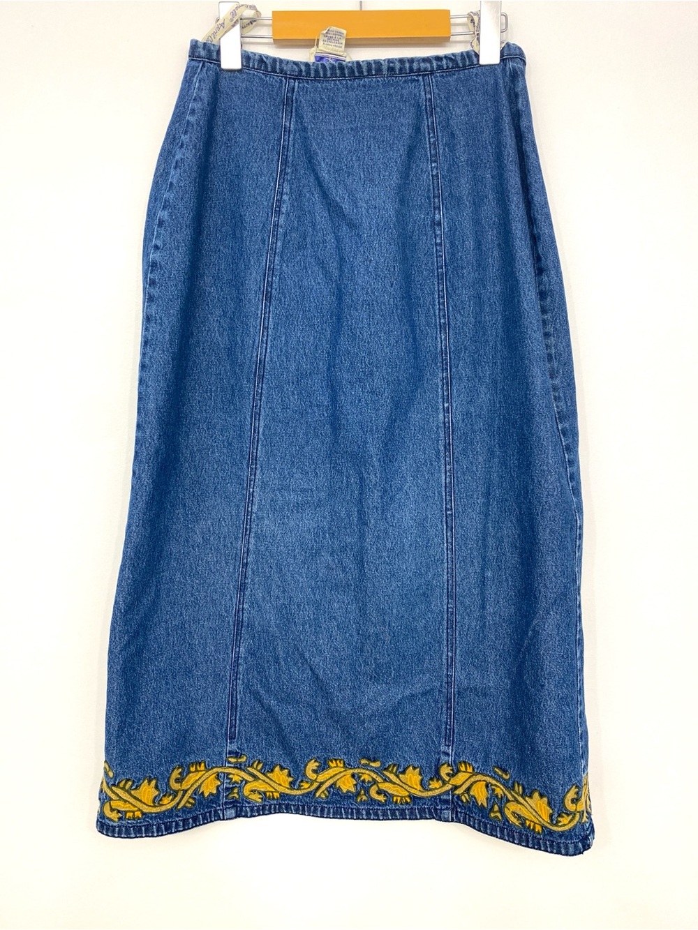 April Cornell Embroidered Long Denim Skirt Blue Yellow Floral XS Cotton